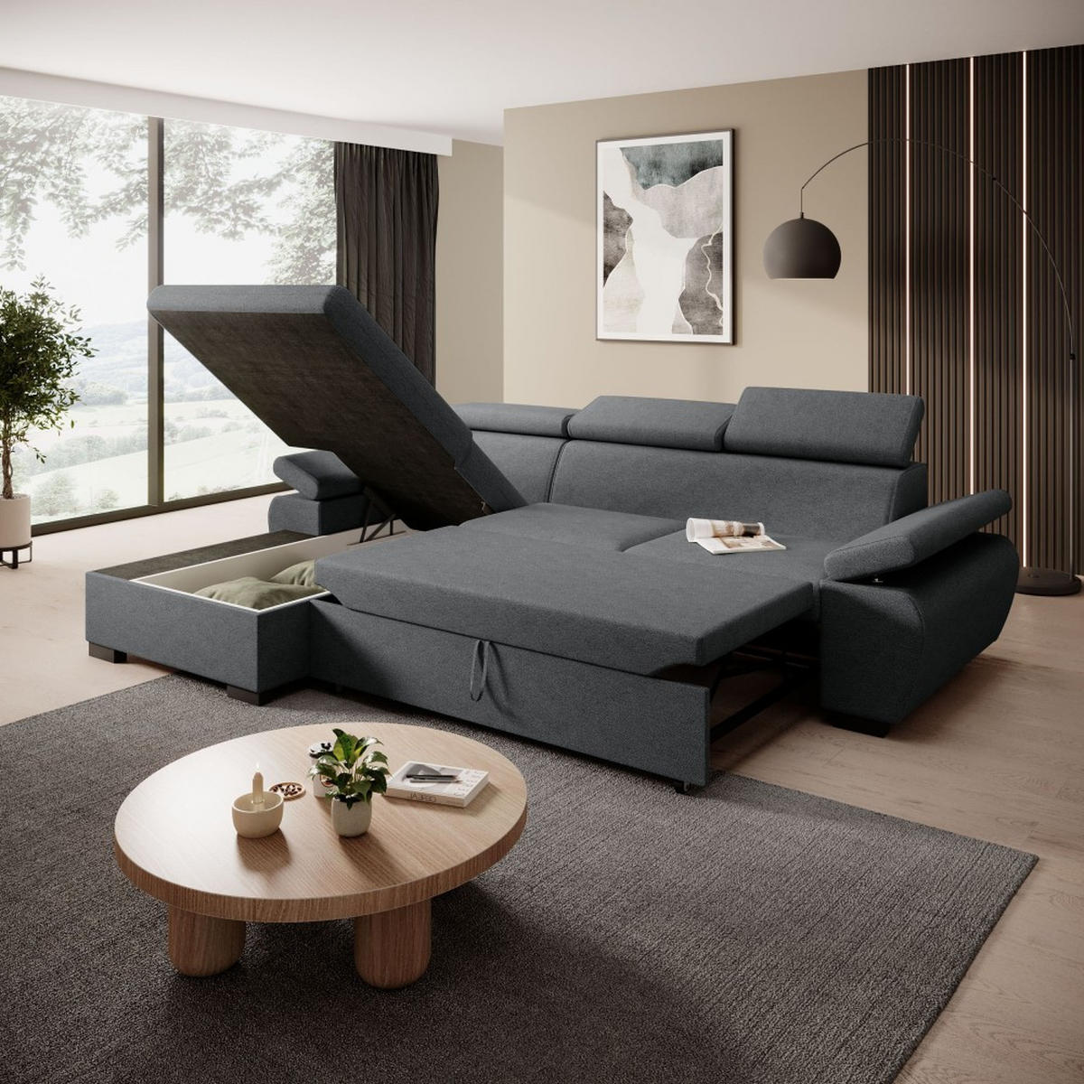 ECKSCHLAFSOFA Coco mit verstellbare Kopfstützen, dunkelgrau, links - Dunkelgrau, Textil (273/191cm) - Beautysofa