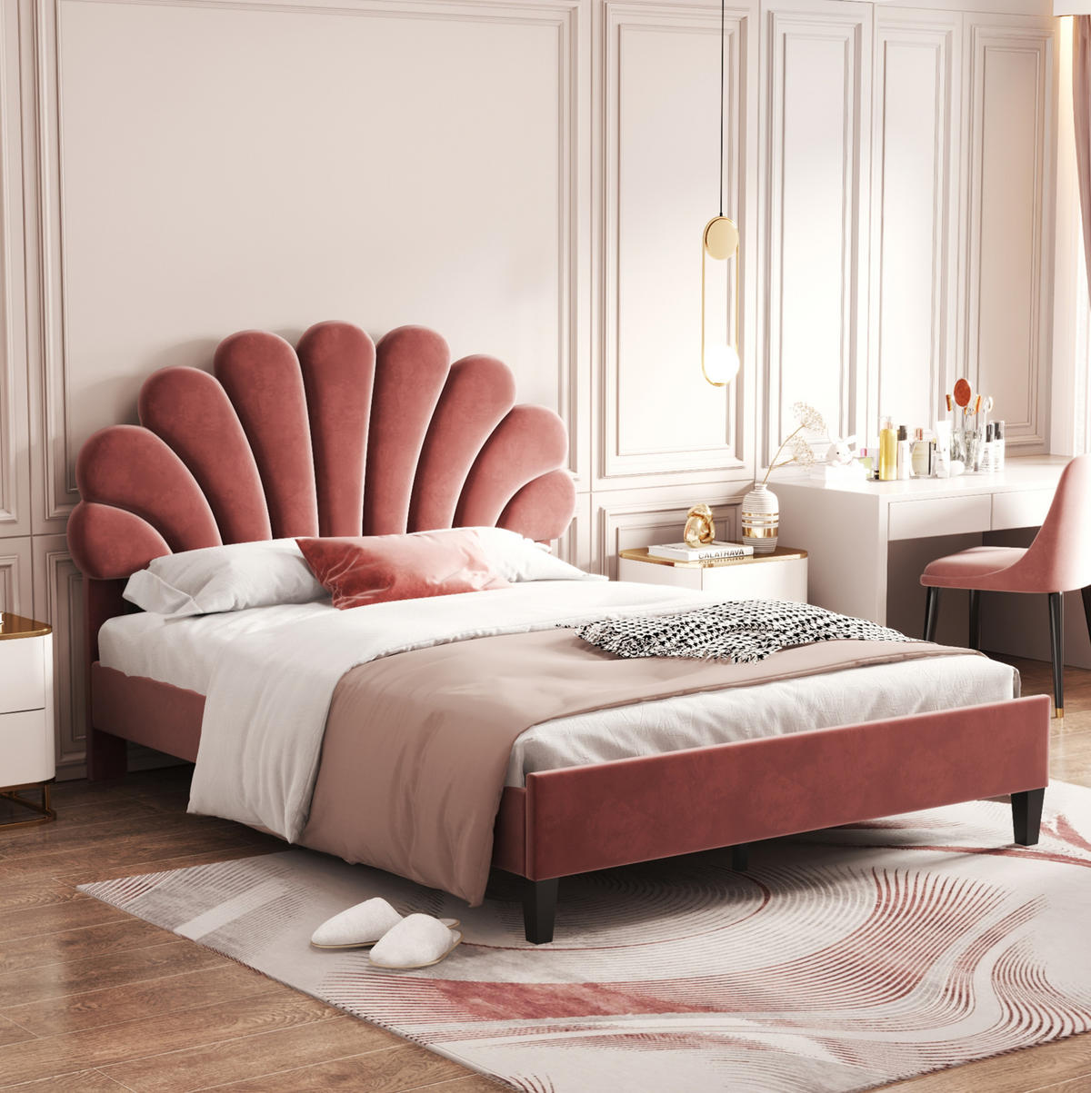 ČALÚNENÁ posteľ z MDF a drevotriesky 140x200 cm červená s čelom v tvare kvetu, latkovým roštom a úložným priestorom - tmavoružová, textil (140/200cm) - Modfu