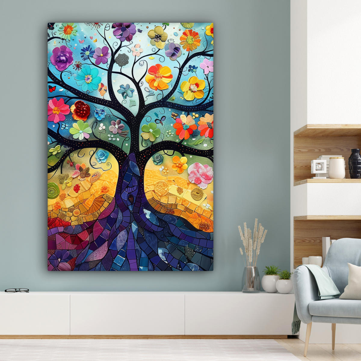 SLIKA NA PLATNU Cvetoče drevo 90x140 cm - temno modra, tekstil (90/140cm) - MuchoWow