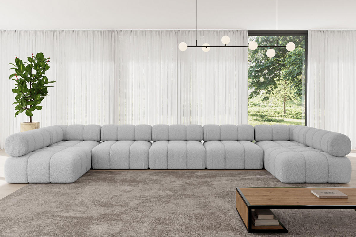 WOHNLANDSCHAFT modulares Sofa Garvo-U3 - 475x190x70 cm Hellgrau Bouclé - Hellgrau, Holzwerkstoff/Textil (475/70/190cm) - ALTDECOR