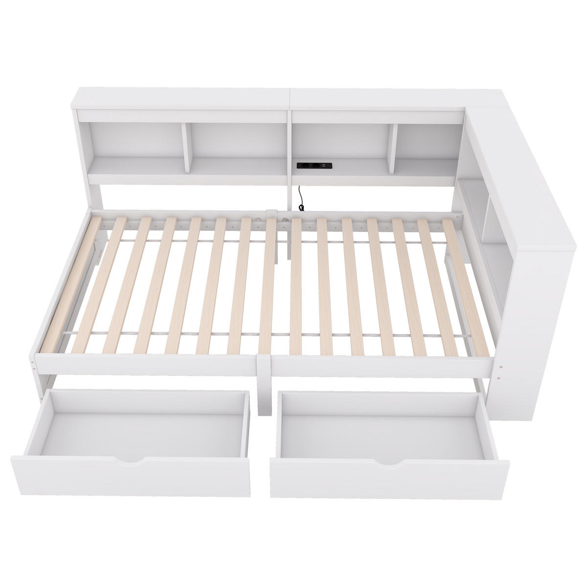 TAGESBETT 90/200 cm Weiß mit 2 Schubladen und USB-Anschlüssen - Weiß, Holzwerkstoff (90/200cm) - OKWISH