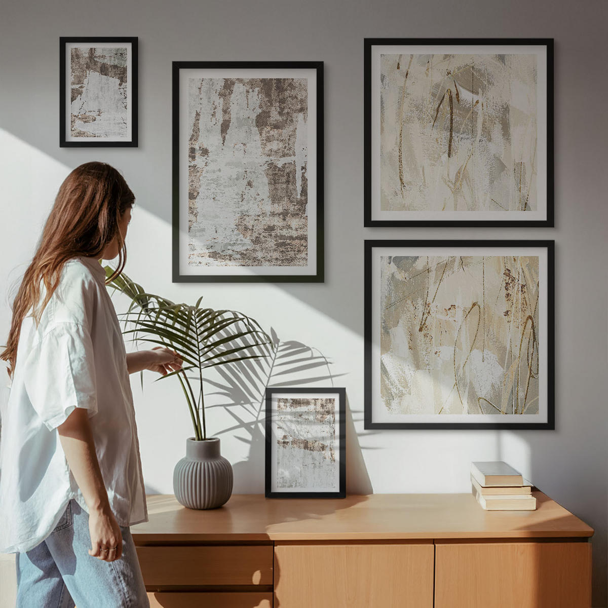 WANDBILDER 5er-Set - 50x50 cm & 20x30 cm & 40x60 cm Schwarzer Rahmen - Abstrakte Muster, weiß, braun - Schwarz, Kunststoff (40/60cm) - ArtPrintCave
