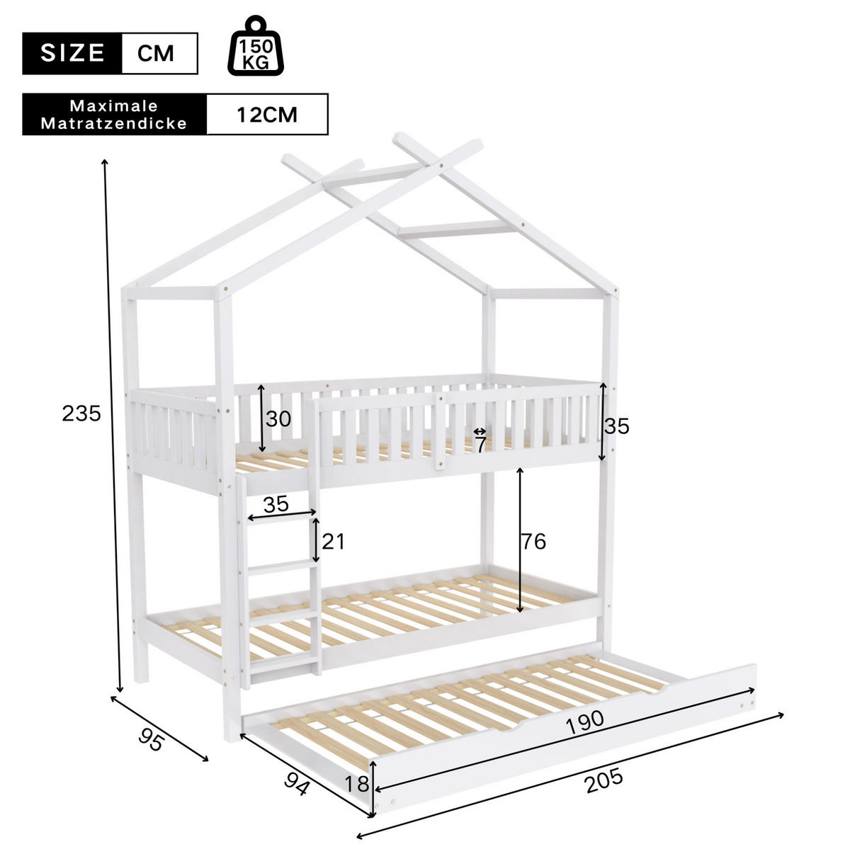 KINDERBETT 90/200 cm mit Ausziehbett, in 3 Einzelbetten teilbar aus massivem Kiefern, Weiß - Weiß, Holzwerkstoff (90/200cm) - Redom