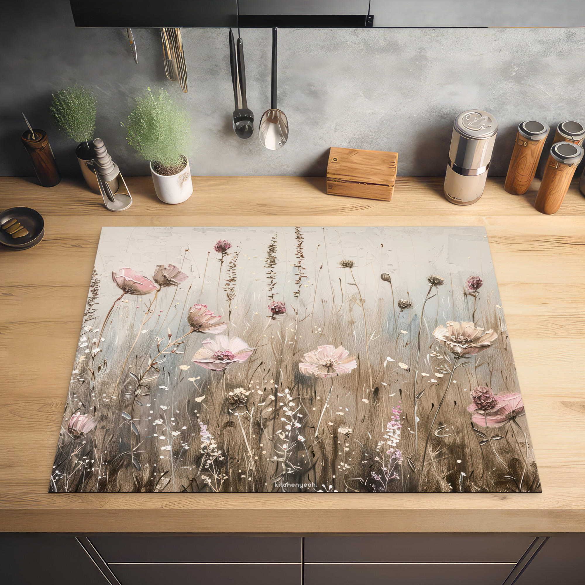 HERDABDECKPLATTE Blumen - Beige - Trockenblumen 77x59 cm - Beige, Kunststoff (77/0.2/59cm) - MuchoWow