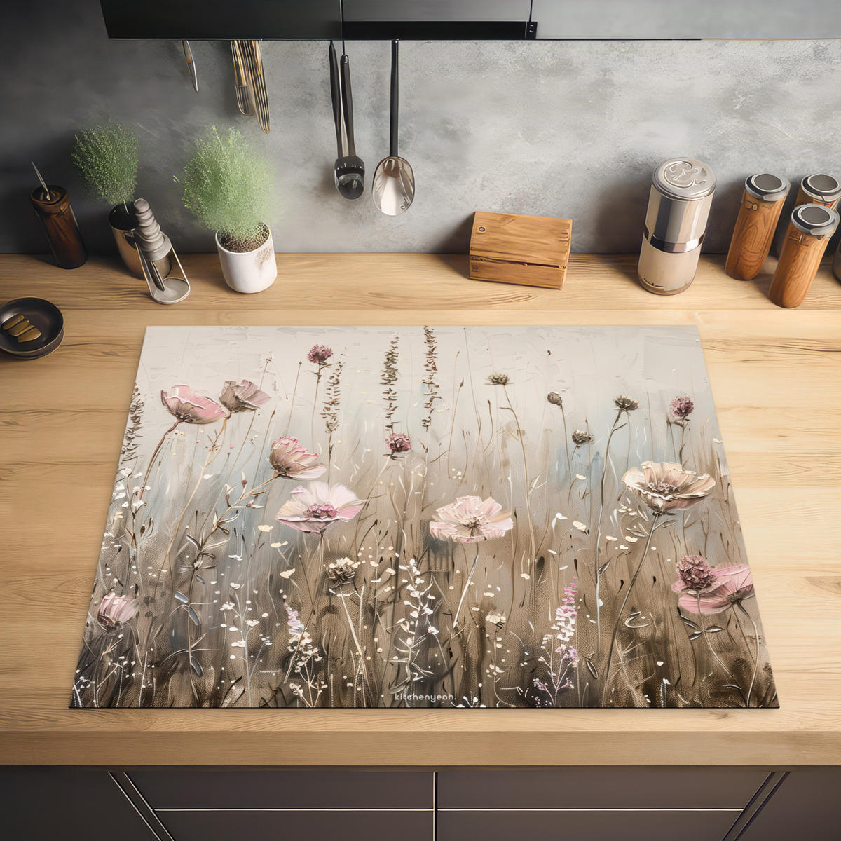 HERDABDECKPLATTE Blumen - Beige - Trockenblumen 77x59 cm - Beige, Kunststoff (77/0.2/59cm) - MuchoWow