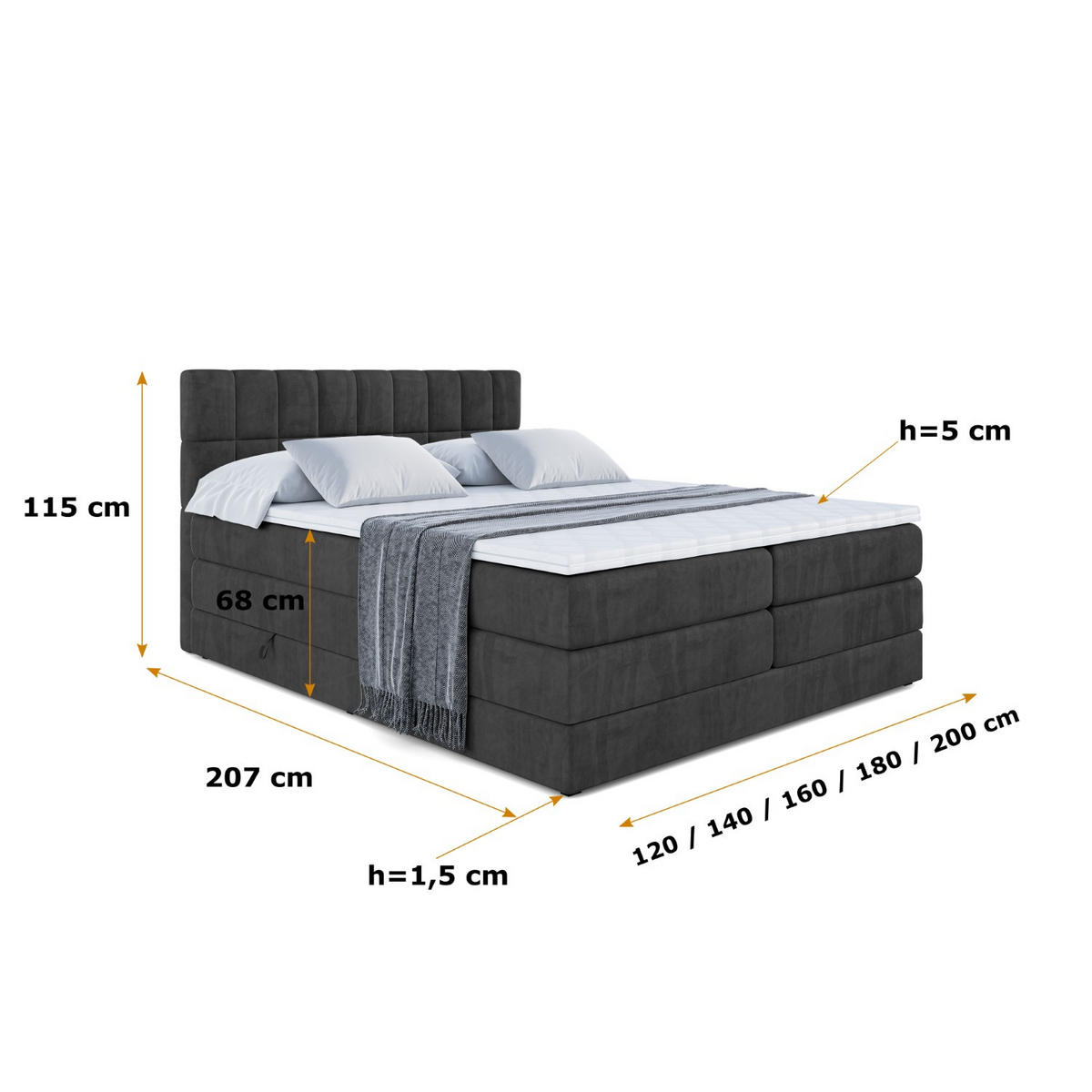BOXSPRINGBETT MIAMI KING - 160x200 - H3/H4 - Schwarz - Schwarz, Holzwerkstoff (160/200cm) - ALTDECOR
