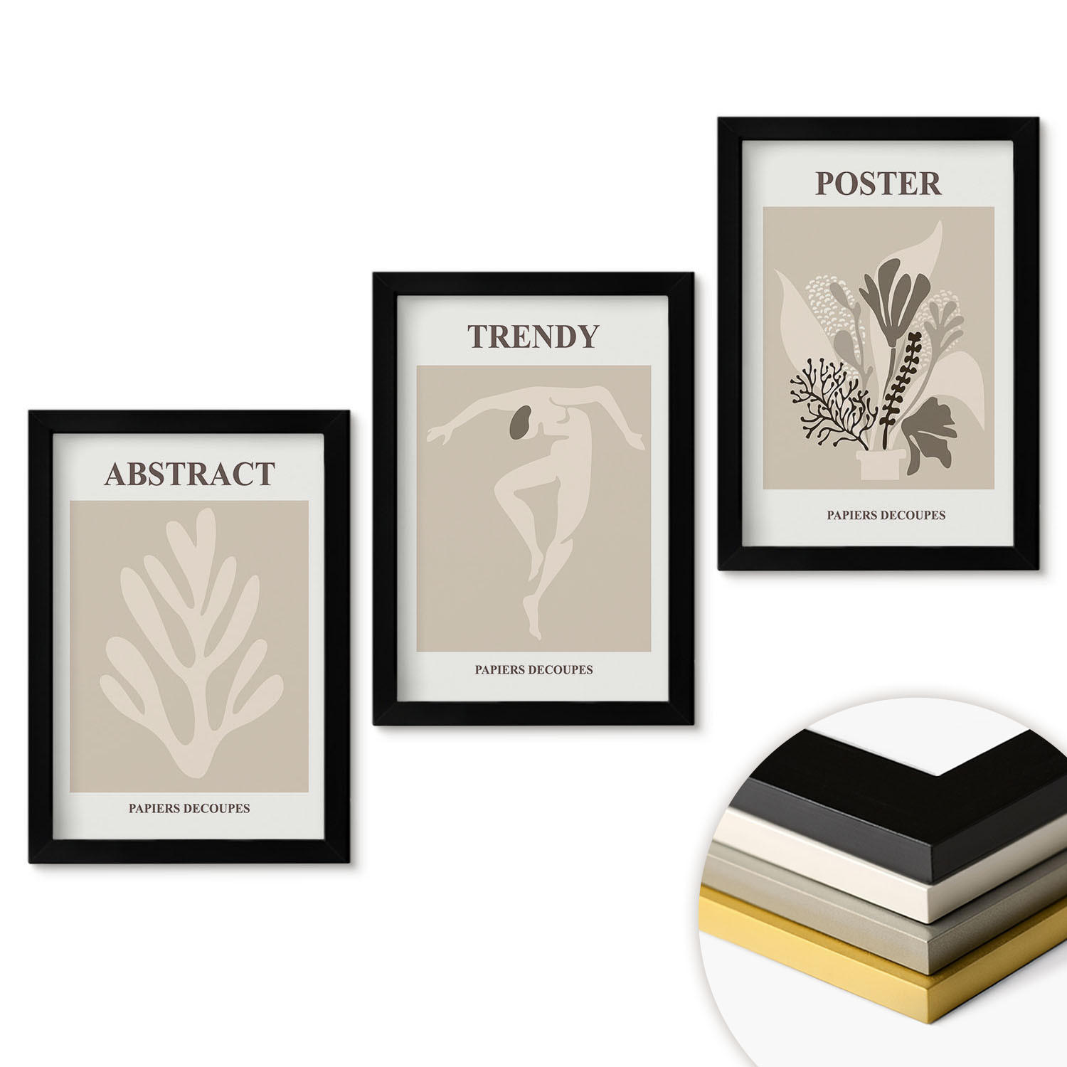 WANDBILDER 3er-Set - 20x30 cm Schwarzer Rahmen - Blumenmuster beige braun - Schwarz, Kunststoff (20/30cm) - ArtPrintCave