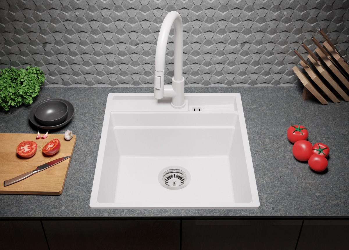 GRANITSPÜLE Oslo Pocket, 2-er set Weiß 48/53 cm 1 Becken + Küchenarmatur 32/20 cm + Ablauf-Set + Küchenzubehörset ab 50er Unterschrank - Chromfarben/Beige, Kunststoff (48/20/53cm) - Primagran