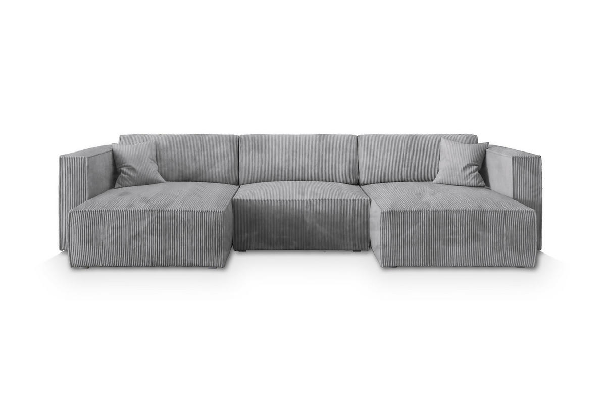 WOHNLANDSCHAFT SARMO P Hellgrau Kordstoff mit Schlaffunktion - Hellgrau, Holz (347/70/148cm) - MASSENO