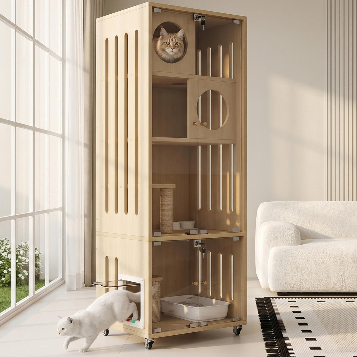 VITRINE Naturfarben 60×50×156 cm aus MDF und Glas mit abschließbarer Glastür, Klappe und Feststellrollen - Naturfarben, Holzwerkstoff (60/156/50cm) - Luhomfu