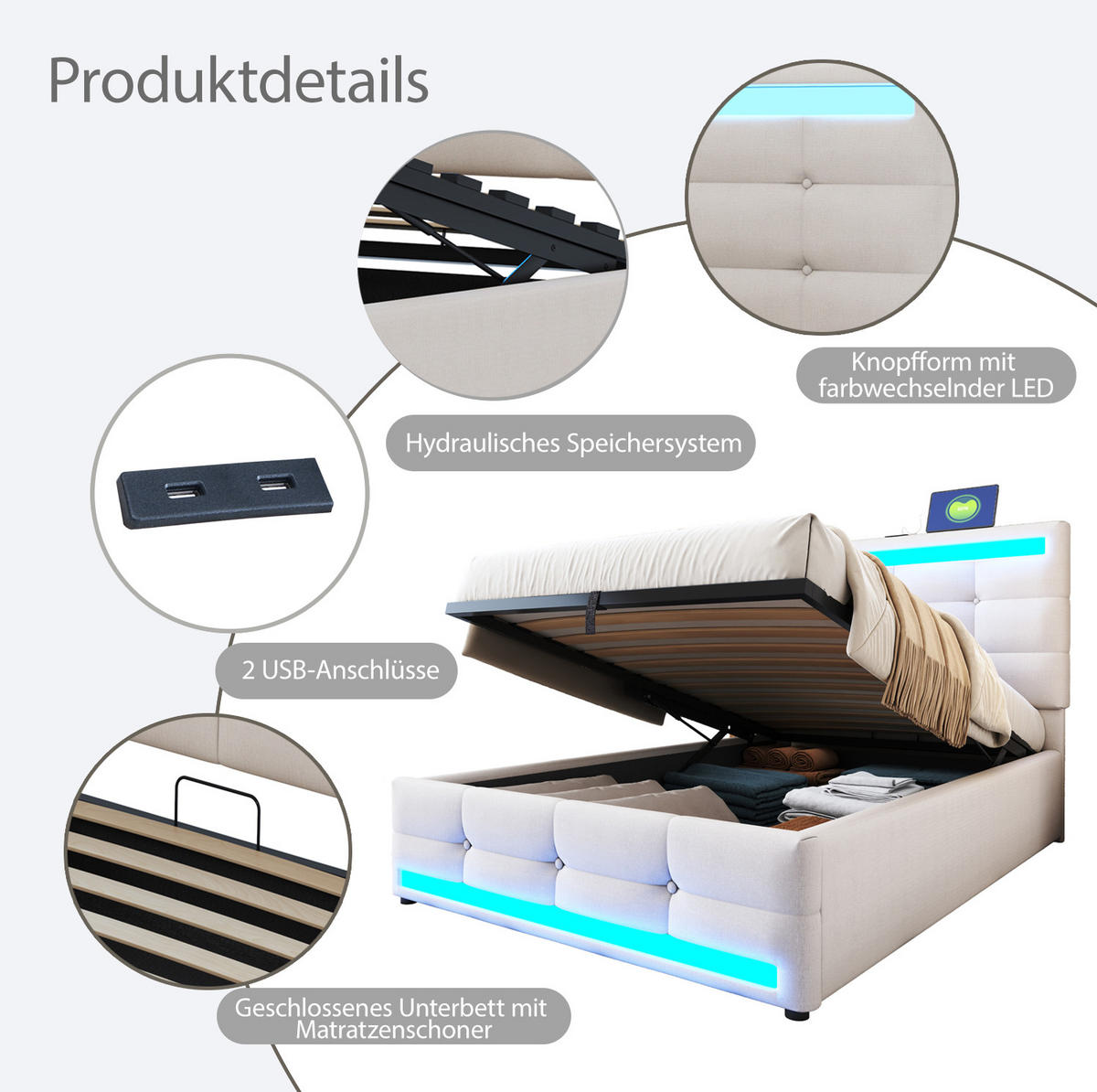 POLSTERBETT 90/200 cm mit RGB-LED, USB-Anschlüssen und verstellbarem Kopfteil, Beige - Beige, Textil (90/200cm) - Redom