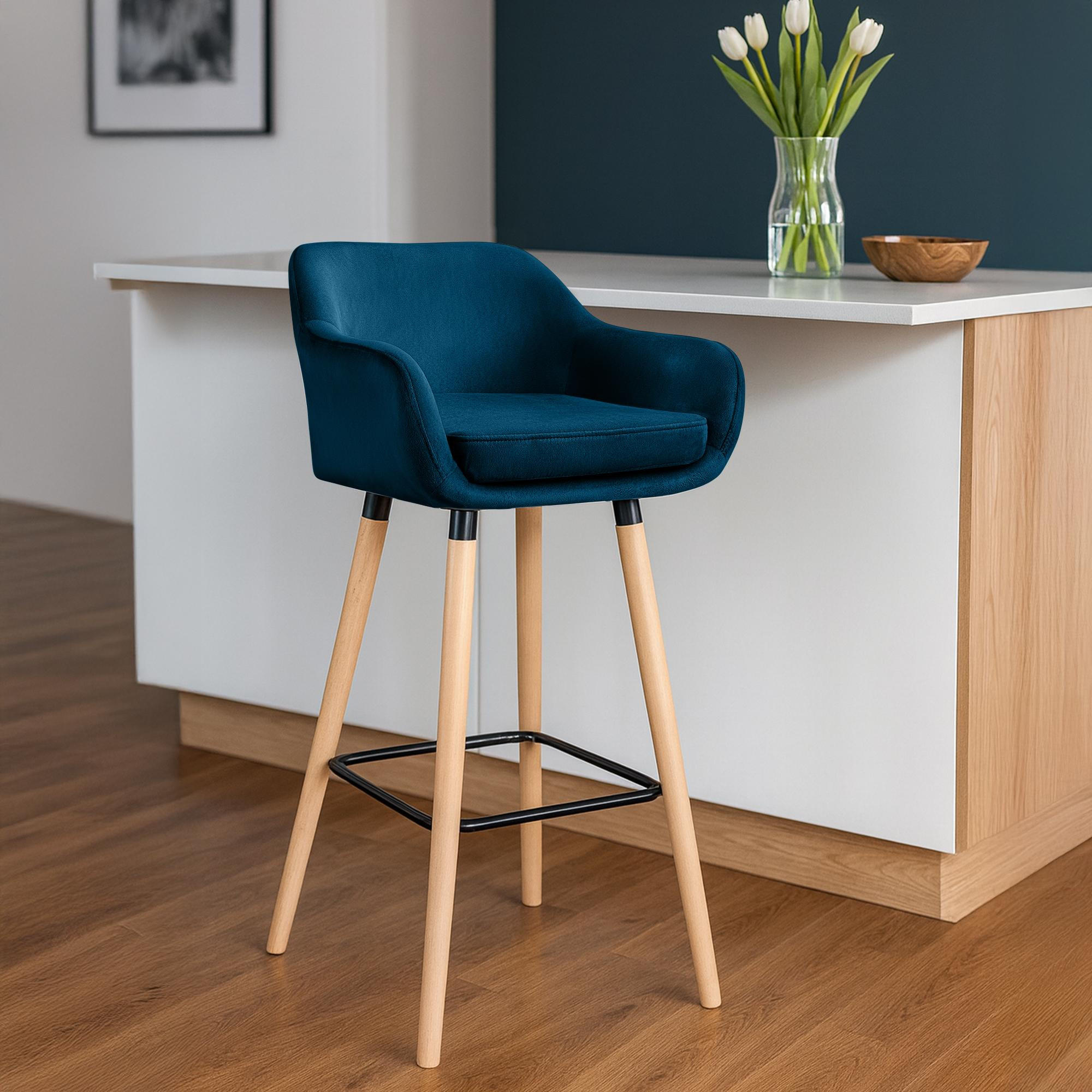 BARHOCKER 2er Set Samt Blau - Blau/Eukalyptusholzfarben, Holz/Textil (55/99/46cm) - CLP