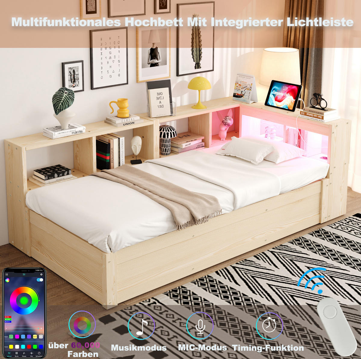 MULTIFUNKČNÍ postel 90/200 cm s hydraulickým úložným prostorem, LED osvětlením a zásuvkou, MDF, přírodní dřevo - přírodní, kompozitní dřevo (90/200cm) - Redom