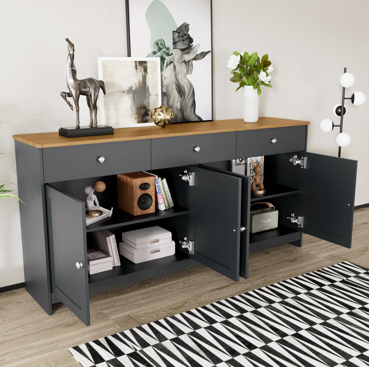 SIDEBOARD 160/37/75 cm grauschwarz aus MDF mit 3 Schubladen - Schwarz, Holzwerkstoff (160/75/37cm) - OKWISH