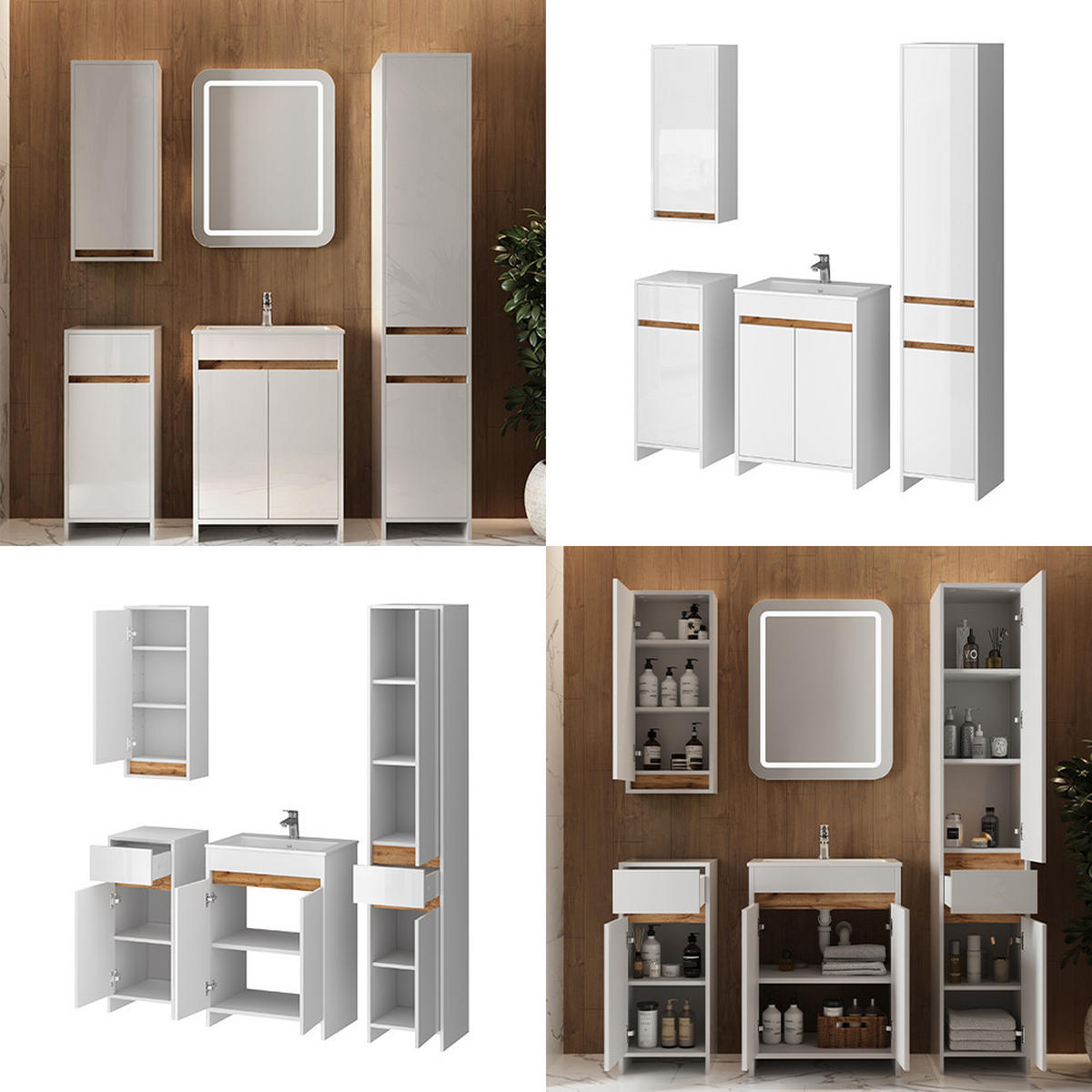 BADMÖBEL-SET Lemgo Weiß Hochglanz 5er-Set - Honigeiche/Weiß Hochglanz, Holzwerkstoff (59.6/81.9/40cm) - Vicco