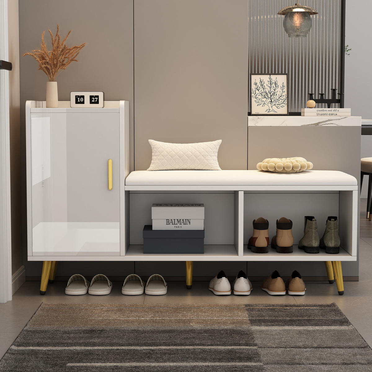 SCHUHSCHRANK 120/35/71,5 cm mit Sitzbank, verstellbaren Einlegeböden und Hochglanzfront, Weiß - Weiß, Holzwerkstoff (120/71.5/35cm) - Redom