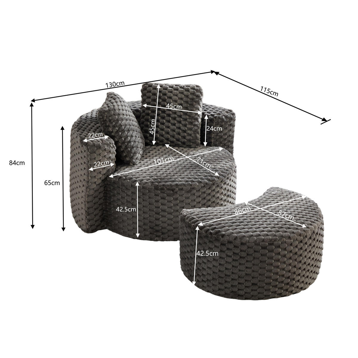 LOUNGESESSEL Mit Hocker Übergroß Rund Komprimiert Ohne Montage - Dunkelgrau, Textil (129/65/116cm) - Urban Meuble