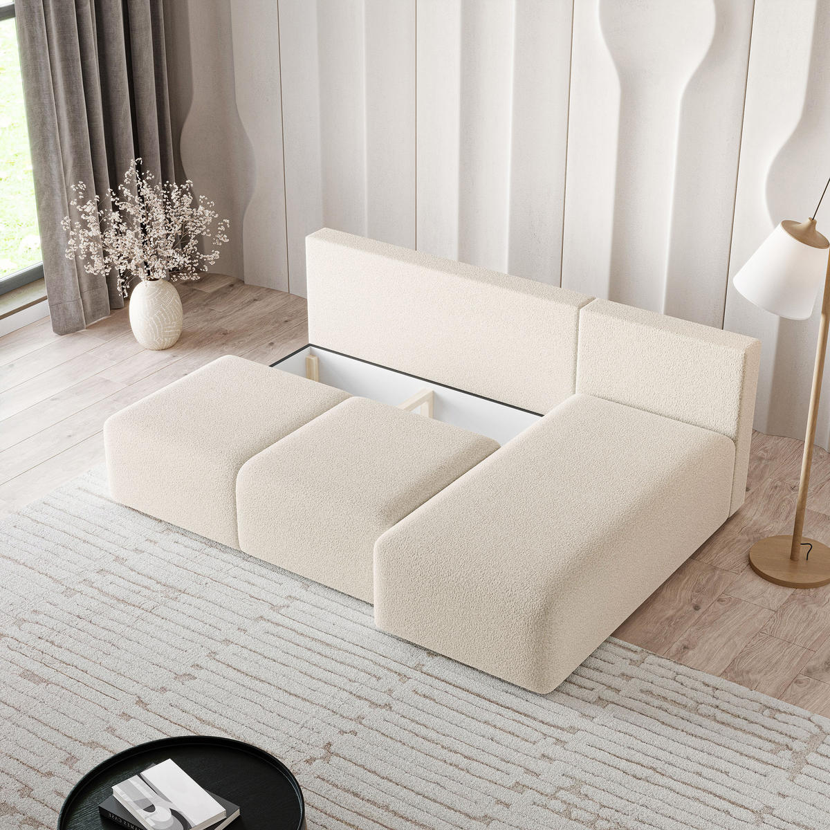 ECKSOFA TRAMA Creme Boucle-Stoff mit Schlaffunktion - Creme, Holz (200/143cm) - MASSENO