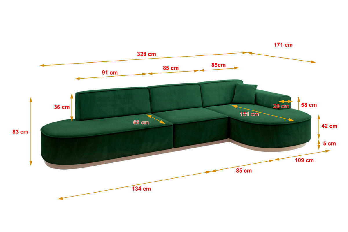 ECKSOFA Ottomane Rechts MARI-L2-v1 - 328x171x83 cm Dunkelgrün Velours - Dunkelgrün, Holzwerkstoff/Textil (171/328cm) - ALTDECOR