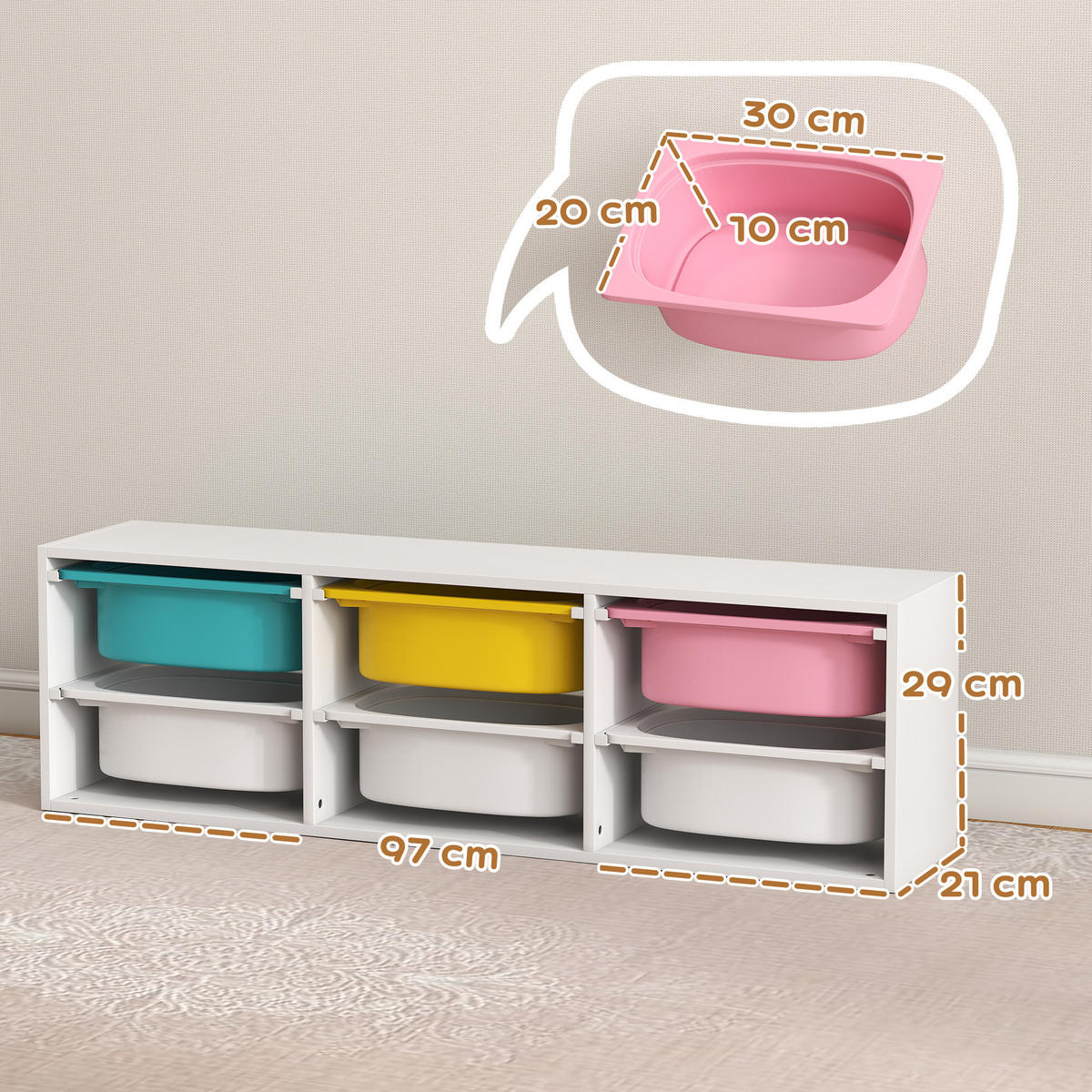 KINDERREGAL DE-17269 2 Ebenen mit 6 farbigen Boxen Weiß - Weiß, Metall (97/29/21cm) - ComfortXL