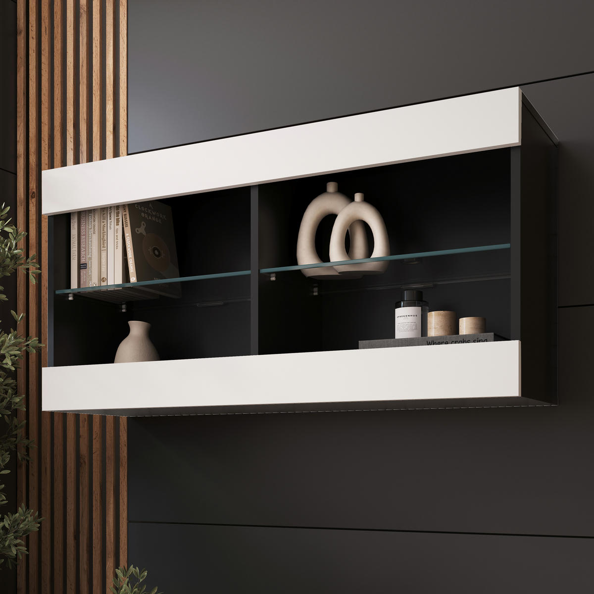 HÄNGEVITRINE TIVOLI HORIZONTAL 100, Weiss - Schwarz/Weiß, Glas/Holzwerkstoff (100/50/29.5cm) - Komodee