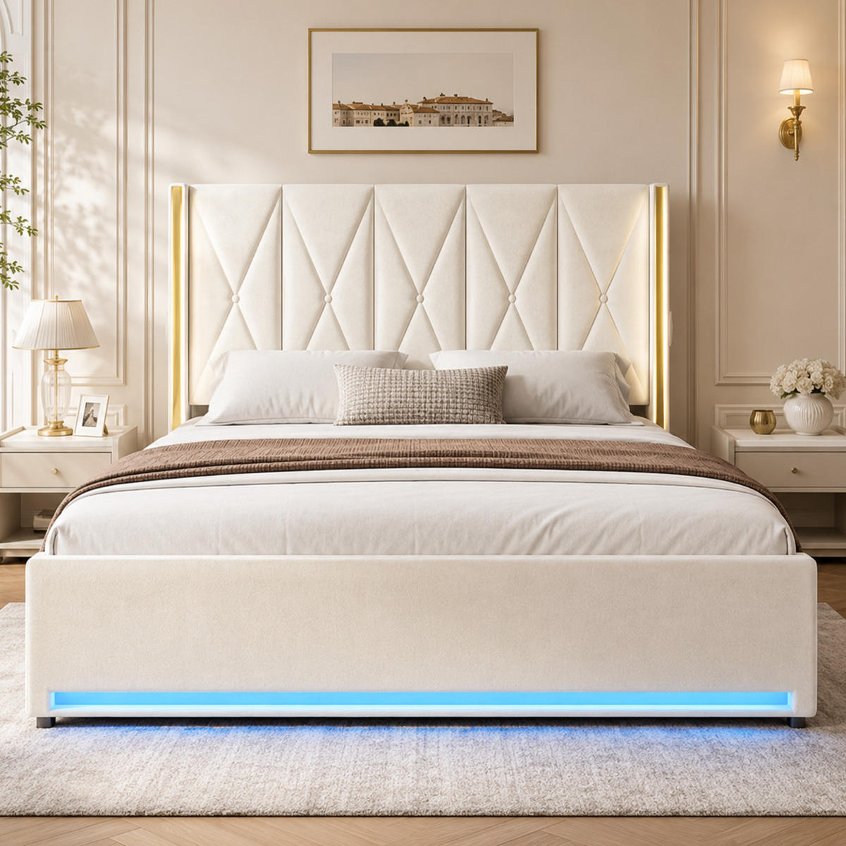 POLSTERBETT 180/200 cm mit LED, USB/Type-C, Seitentaschen und hydraulischem Bettkasten, Beige - Beige, Textil (180/200cm) - Redom
