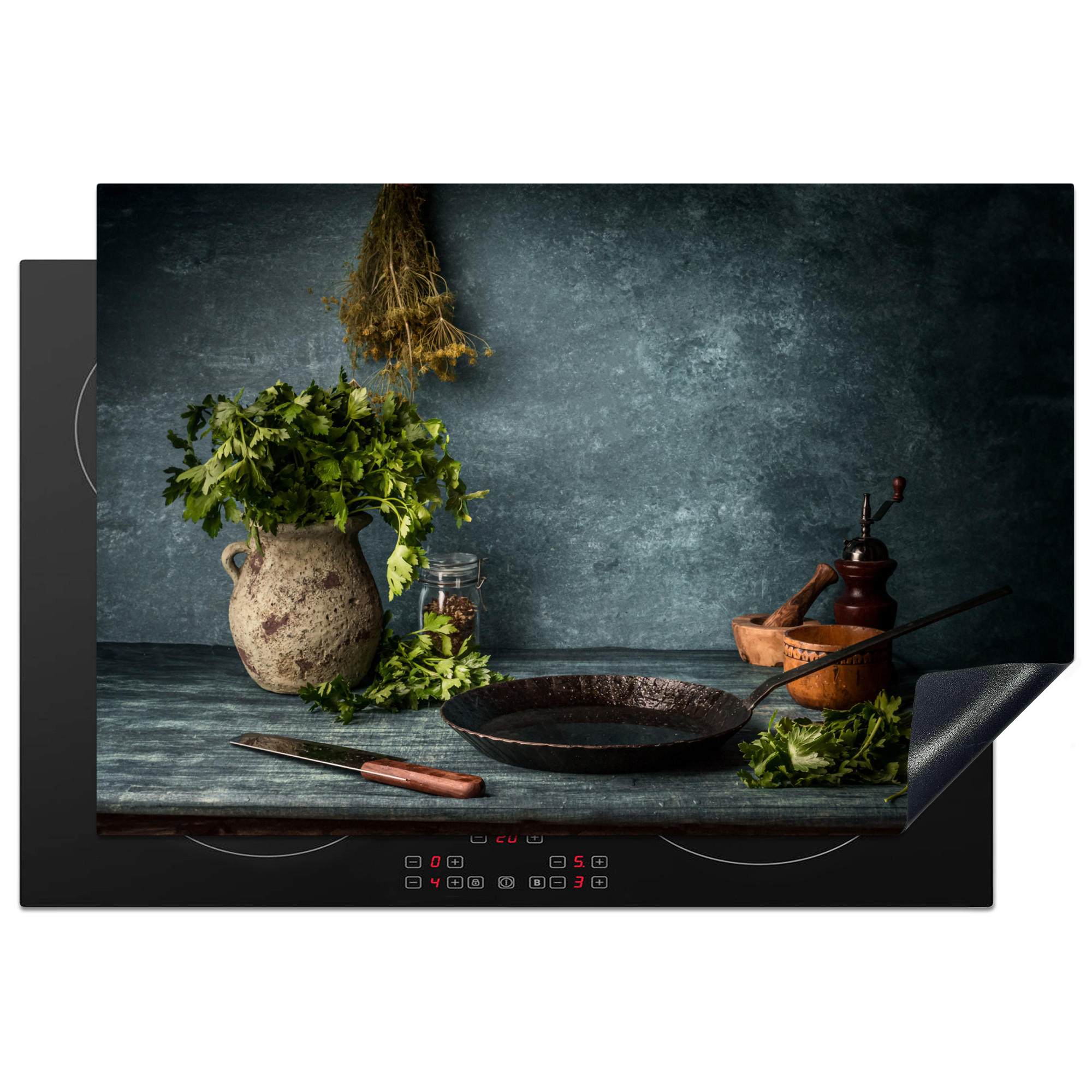 MuchoWow KRYT NA INDUKČNÍ DESKU Bylinky - Koření - Pánev - Nůž - Šedý - Rustikální 76x51.5 cm