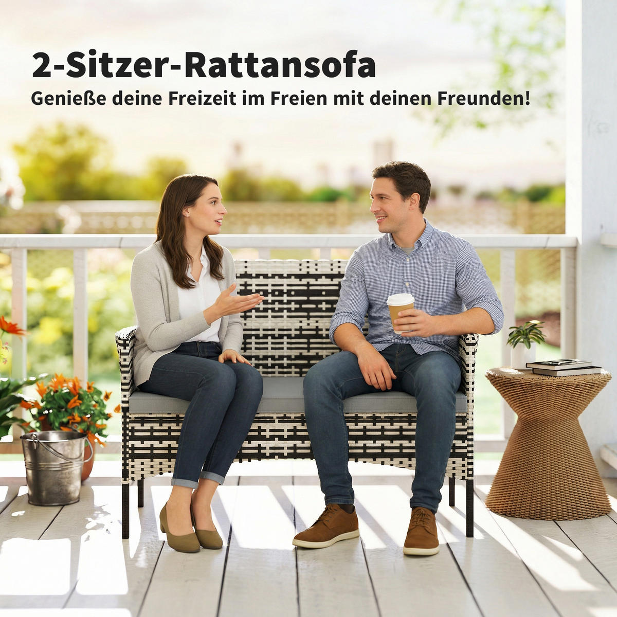ZAHRADNÍ LAVIČKA 2místná z PE ratanu a oceli, světle šedá - černá/tmavě šedá, kov/textil (63/85/115cm) - Outsunny