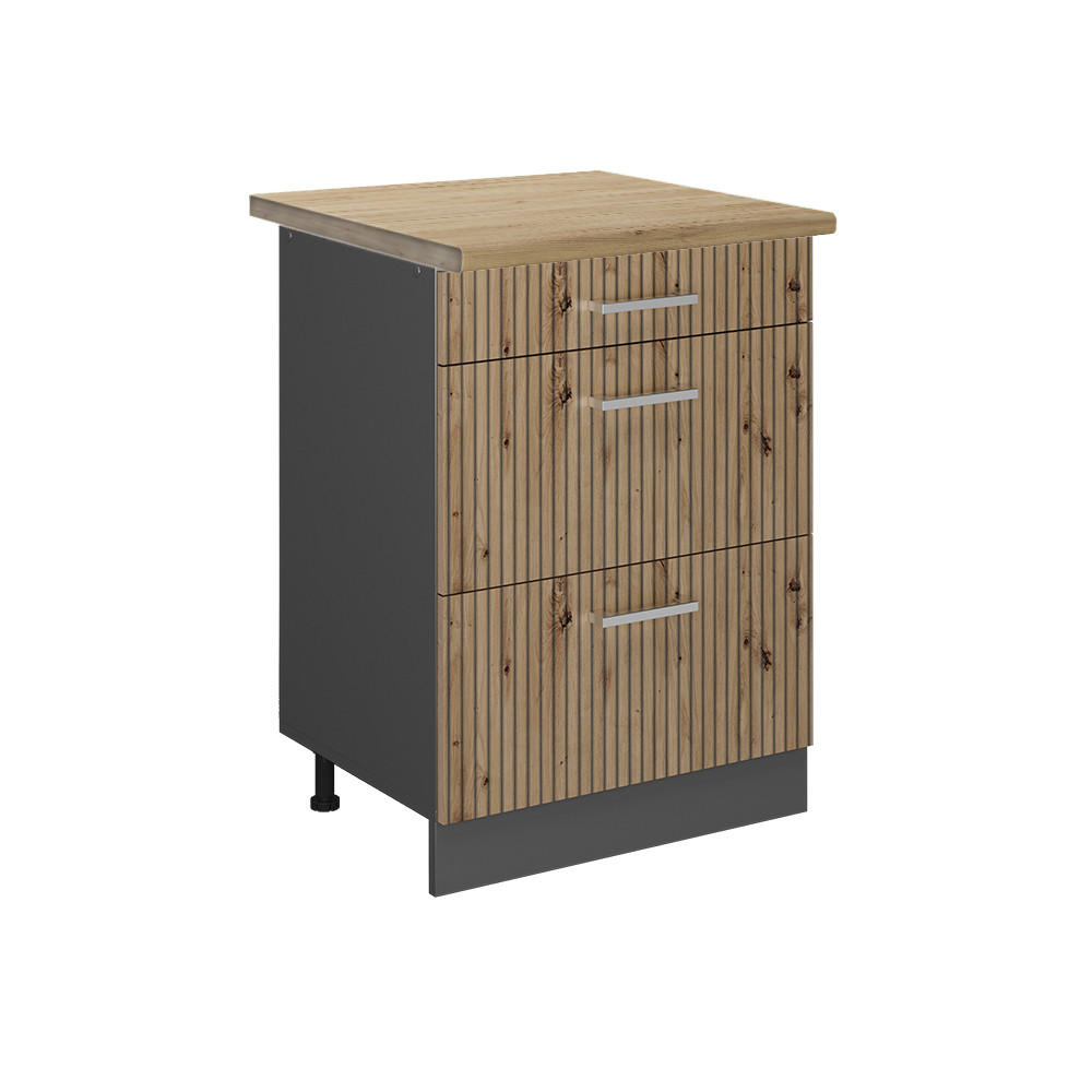 KÜCHENUNTERSCHRANK R-Line Artisan-Eiche 60 cm mit Schubladen, AP Eiche - Anthrazit/Eiche Artisan, Holzwerkstoff (60/81.6/60cm) - Vicco