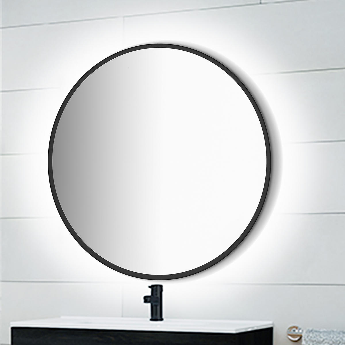 SPIEGEL Zeus mit LED Beleuchtung und schwarzem Rahmen, durchmesser 80 cm, AC 230V 50Hz, 12 W - Multicolor, Metall (86.5/8/88.5cm) - EMUCA