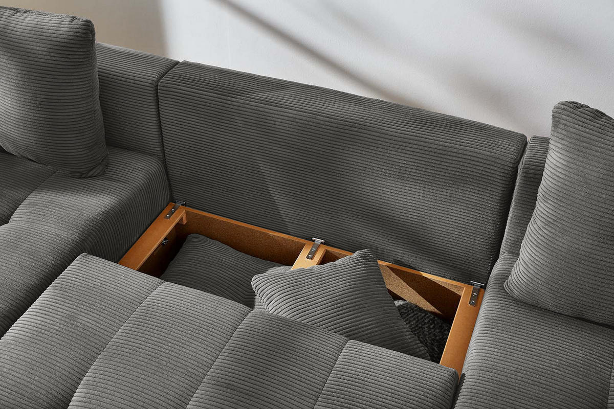 WOHNLANDSCHAFT mit Schlaffunktion und Bettkasten, spiegelverkehrt montierbar U-Form B313/T200/H92 cm, Cord Grau Anthrazit / 15220 - Schieferfarben/Eichefarben, Holz/Textil (313/92/200cm) - luma-home