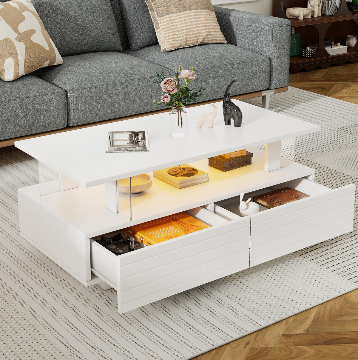 COUCHTISCH mit LED 100 x 50 cm Acryl Weiß mit 2 Schubladen - Weiß, Holz (100/50/42cm) - Meubliv