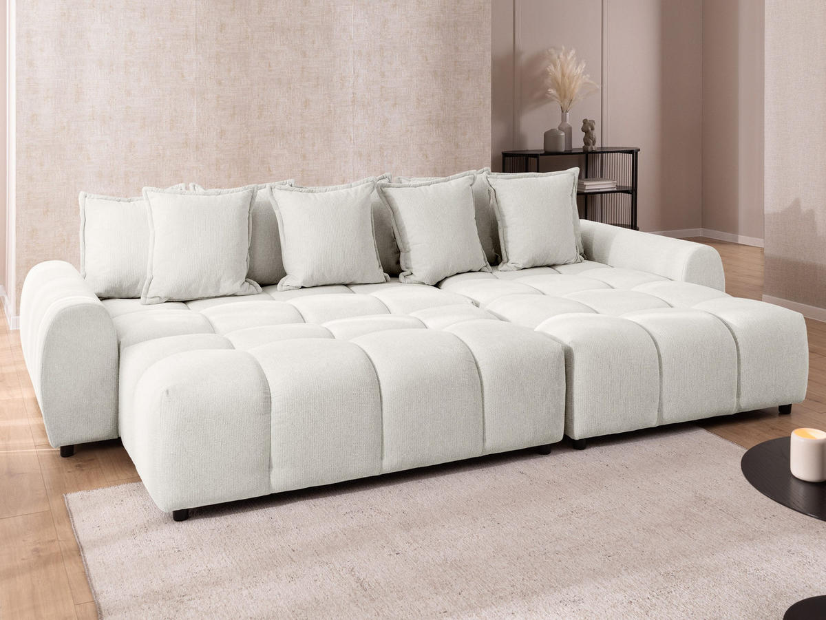 ECKSOFA inkl. Hocker Bubble mit Schlaffunktion und losen Rückenkissen, Sitzfläche in Bubble-Optik aus weichem Creme Strukturstoff - Ottomane Rechts - Creme/Schwarz, Holz/Kunststoff (306/180cm) - S-Style Möbel