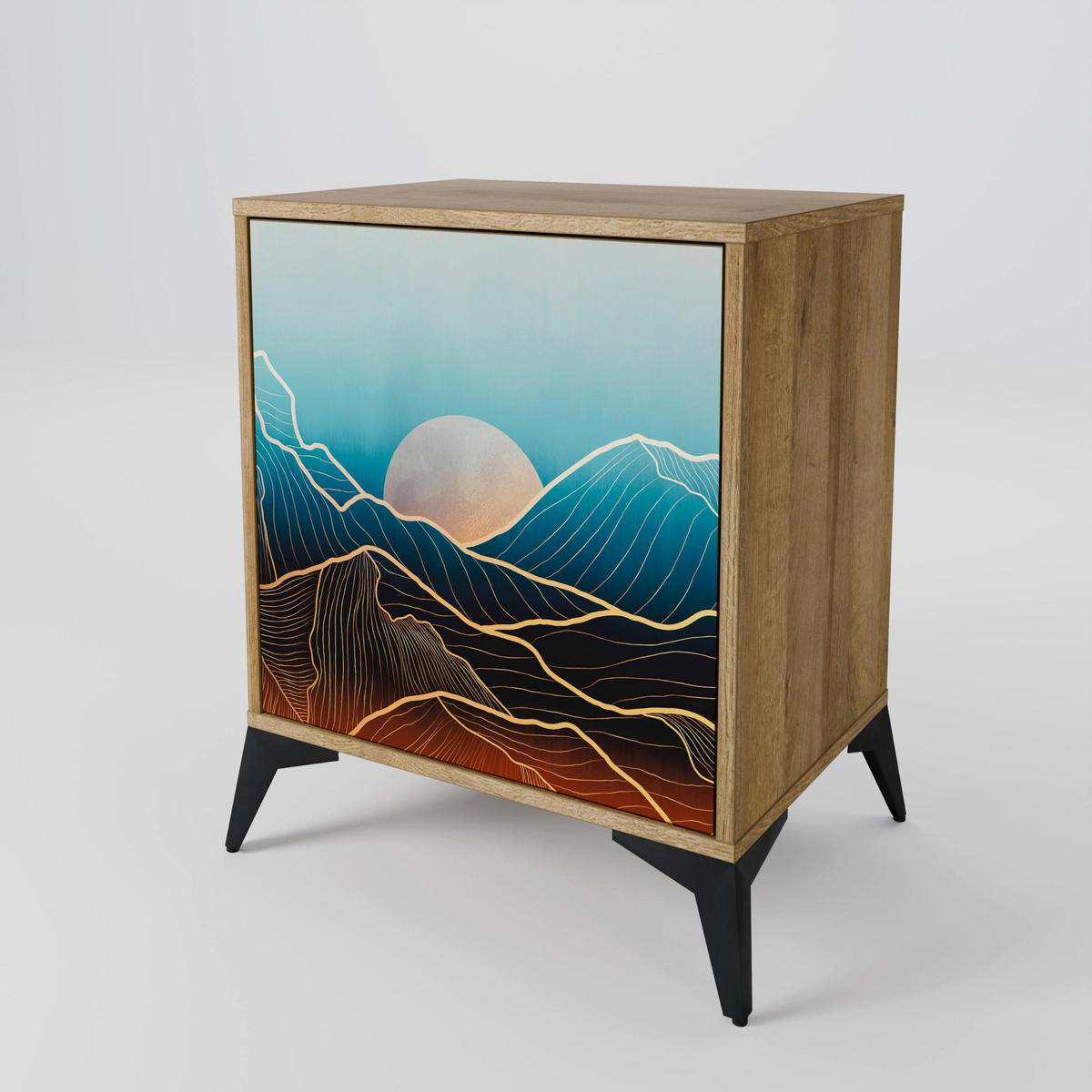 SIDEBOARD LUNAR SECRETS, Eichefarben, 57,5x42x72,5 cm, Schwarze Metallfüße - Eichefarben/Multicolor, Holzwerkstoff/Metall (57.5/72.5/42cm) - SpaceRebels