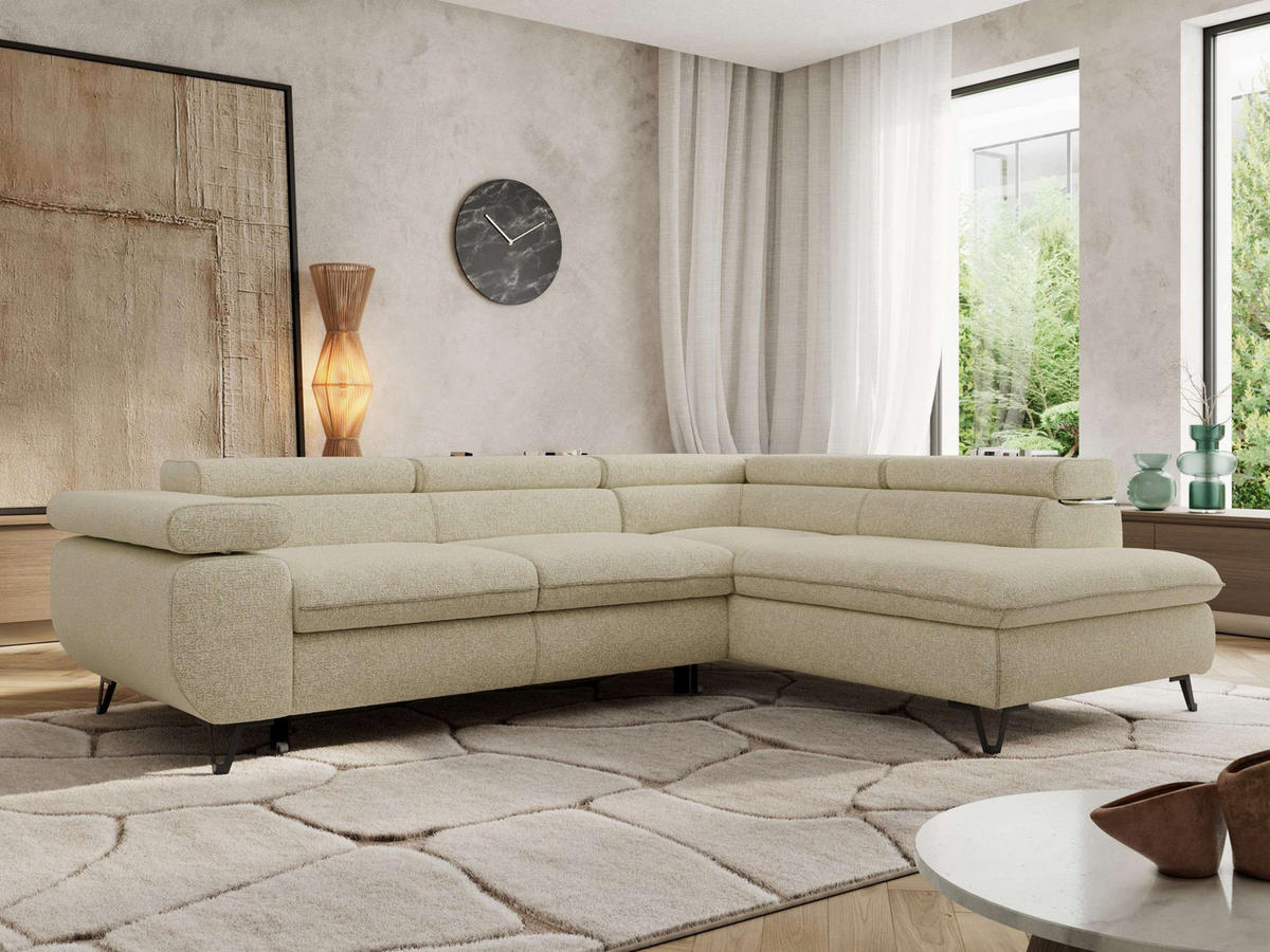 ECKSOFA PABLO L Creme Struktur - Rechts Seite mit Visco Topper - Creme/Schwarz, Textil/Metall (273/208cm) - MKS