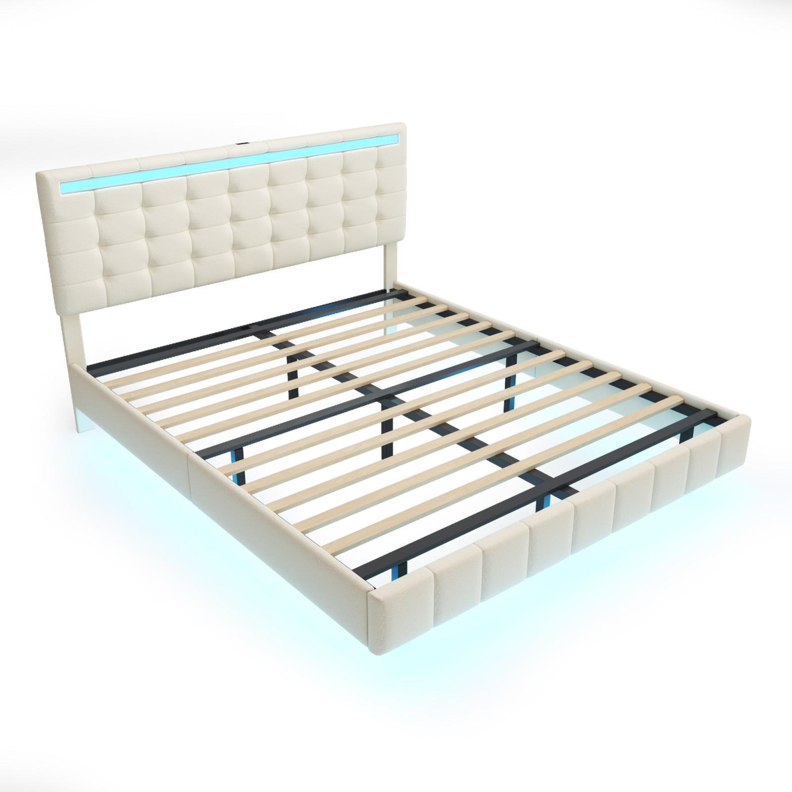 POLSTERBETT 160x200 cm Leinen mit LED Kopfteil und Schwebebett Design Beige - Beige, Holzwerkstoff (160/200cm) - Novahome