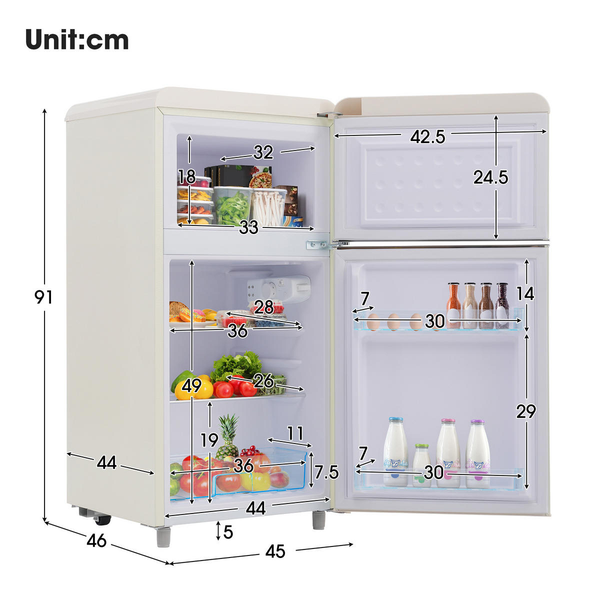RETRO KÜHLSCHRANK 72L Doppeltür 21L Gefrier LED E Klasse - Weiß, Kunststoff (45/91/46cm) - FLIEKS