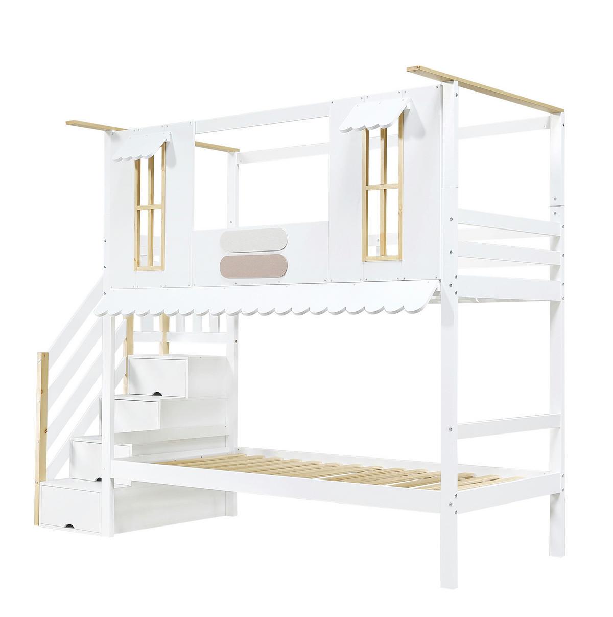 ETAGENBETT 90/200 cm Weiß/Natur mit Aufbewahrungstreppe und Hausdesign - Weiß, Holz (90/200cm) - Flora Grace