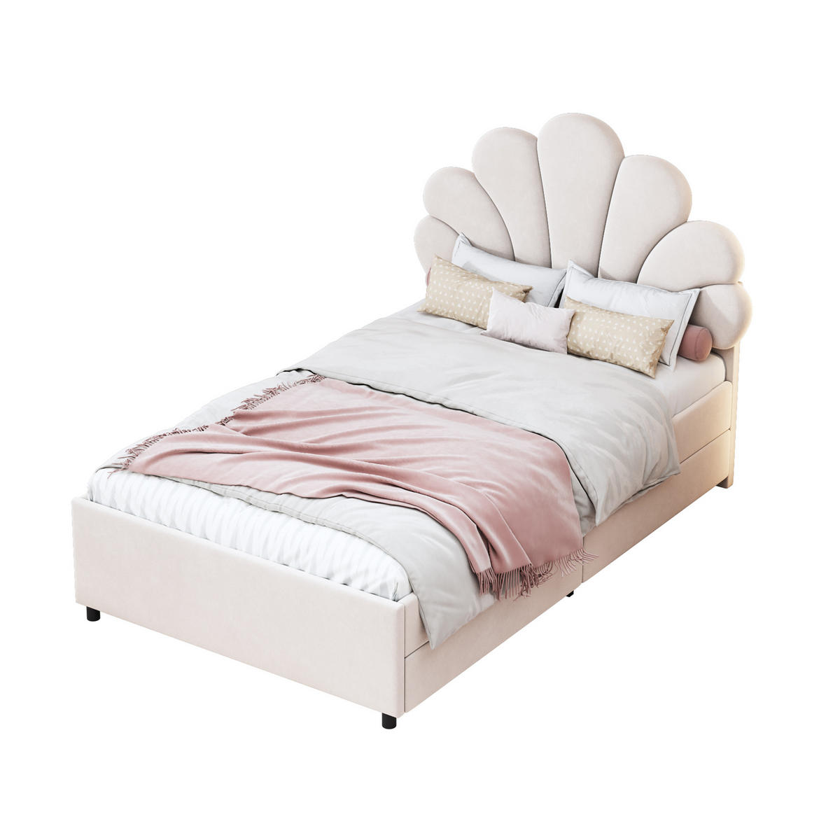 POLSTERBETT 90/200 cm beige aus Samt mit 2 Aufbewahrungsschubladen - Beige, Textil (90/200cm) - OKWISH