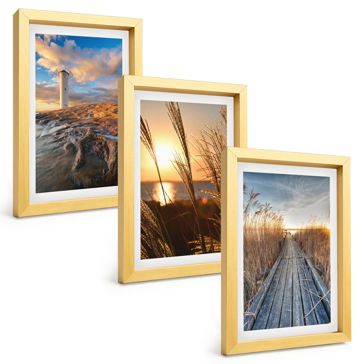 BILDER SET 3er Set - 20x30 cm Goldrahmen - Leuchtturm-Grassteg - Goldfarben, Kunststoff (20/30cm) - TULUP