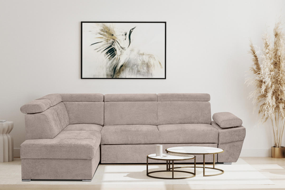 SCHLAFECKSOFA RATLO links 4/5-Sitzer mit Bettkasten, beige - Beige/Silberfarben, Textil (270/190cm) - KONSIMO®
