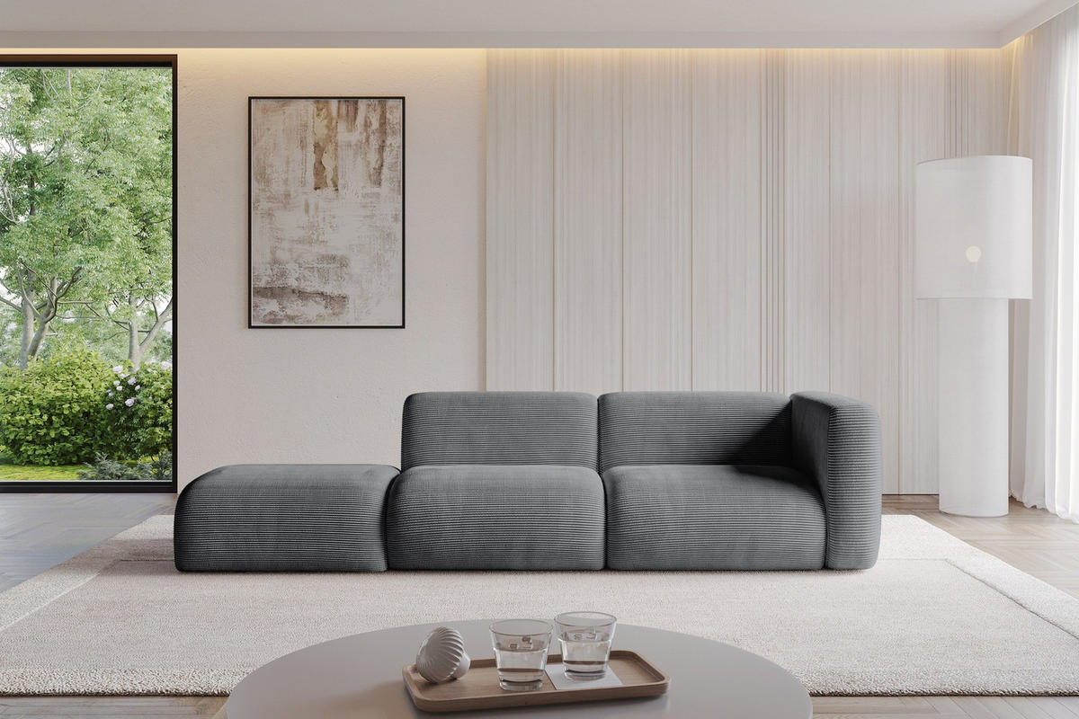 SOFA Ottomane Rechts MIRA-S3 296x89x70 Dunkelgrau Cord - Dunkelgrau/Schwarz, Holzwerkstoff/Kunststoff (296/70/89cm) - ALTDECOR