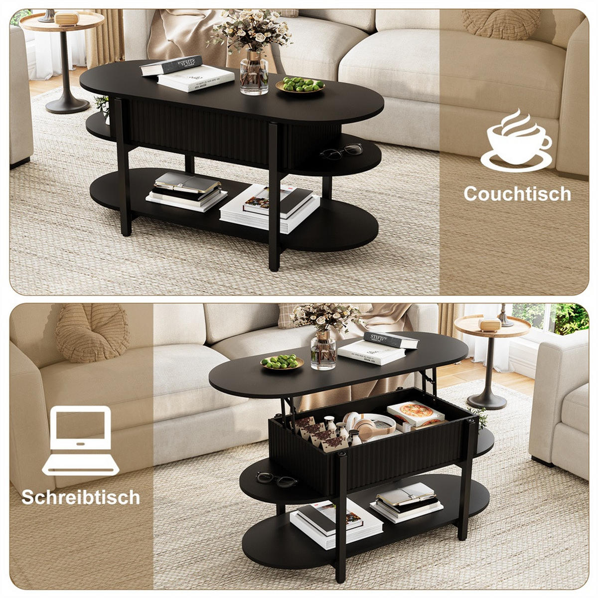 COUCHTISCH - Höhenverstellbarer Couchtisch - Ovaler Lift-Top Tisch mit Stauraum und schwarzen Beinen - Schwarz - Schwarz, Holzwerkstoff (45/106/50cm) - DELFA