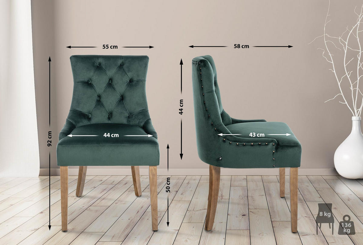 WOHNZIMMERSTUHL 4er Set Samt dunkelgrün - Dunkelgrün/Naturfarben, Holz/Textil (55/92/58cm) - CLP