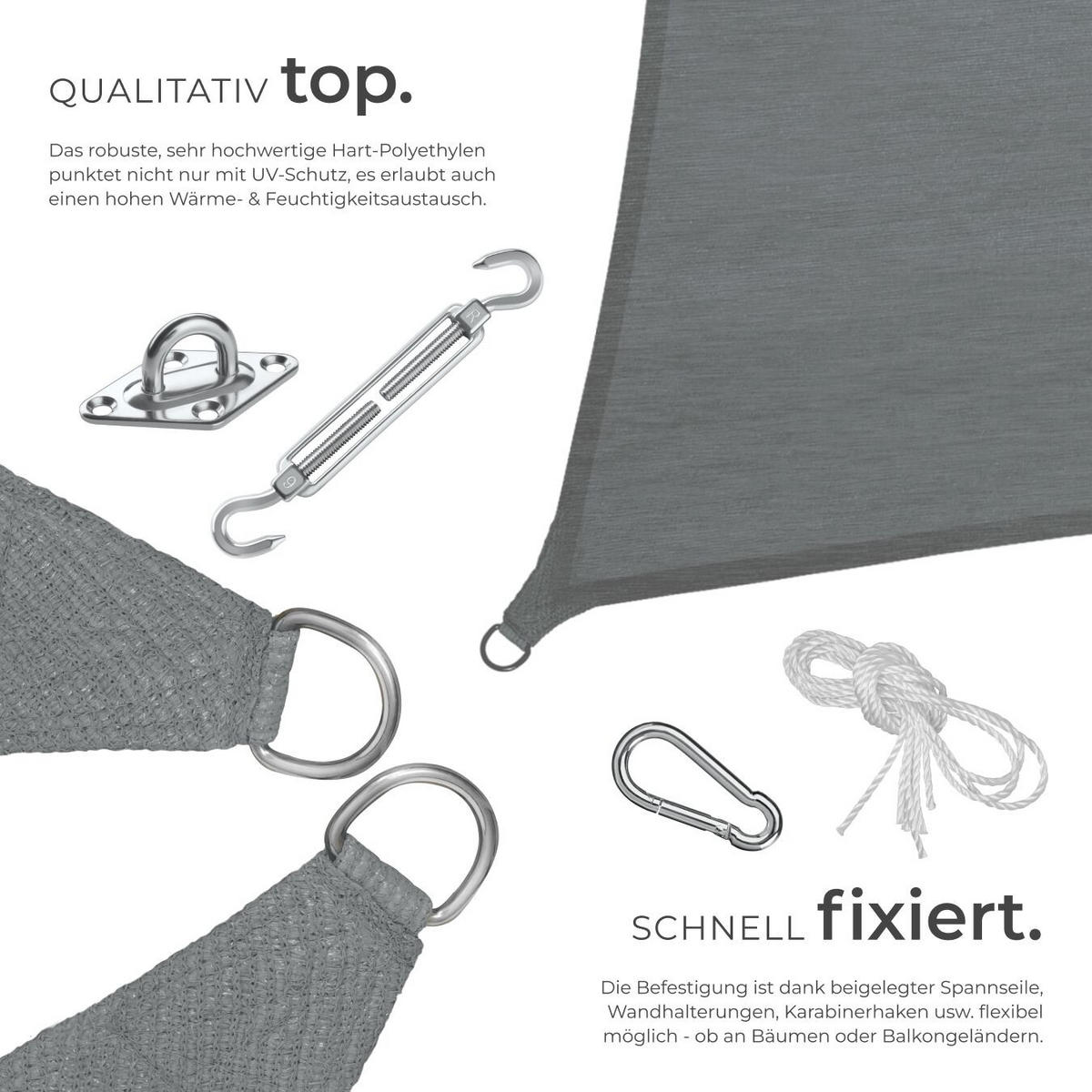 SONNENSEGEL Sunny,umfangreiches Montagematerial,grau - Grau, Kunststoff (300/200cm) - tectake