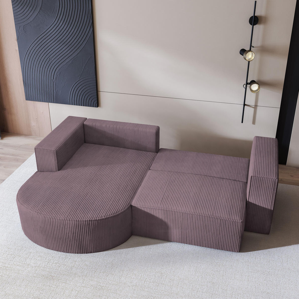 ECKSOFA SORELA P L-S Lila Kordstoff mit Schlaffunktion - Lila, Holz (263/174cm) - MASSENO