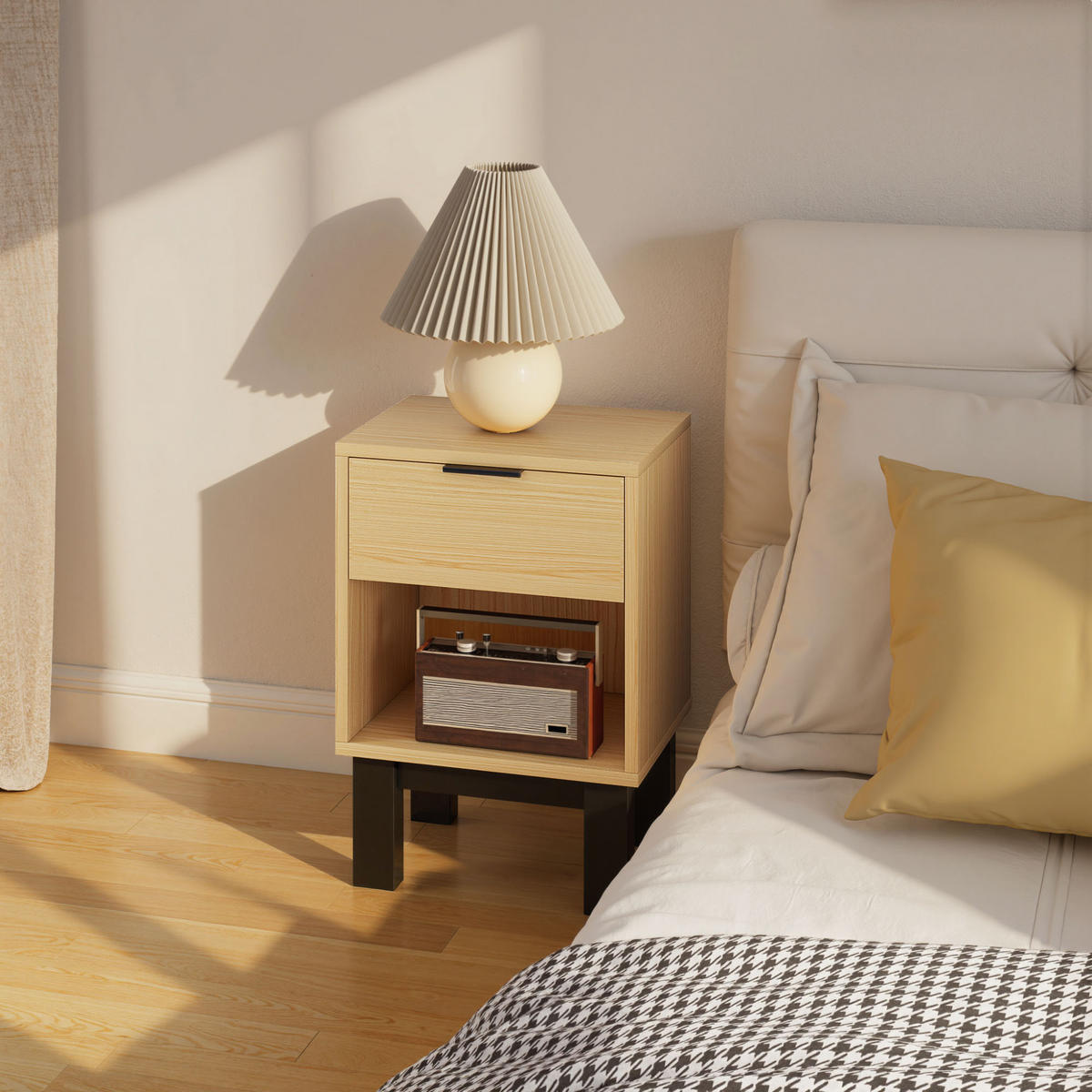 NACHTTISCH, Nachtschrank mit Schublade, offenes Fach Nachtkommode Eiche - Eichefarben/Schwarz, Holzwerkstoff (26/50/35cm) - HOMCOM