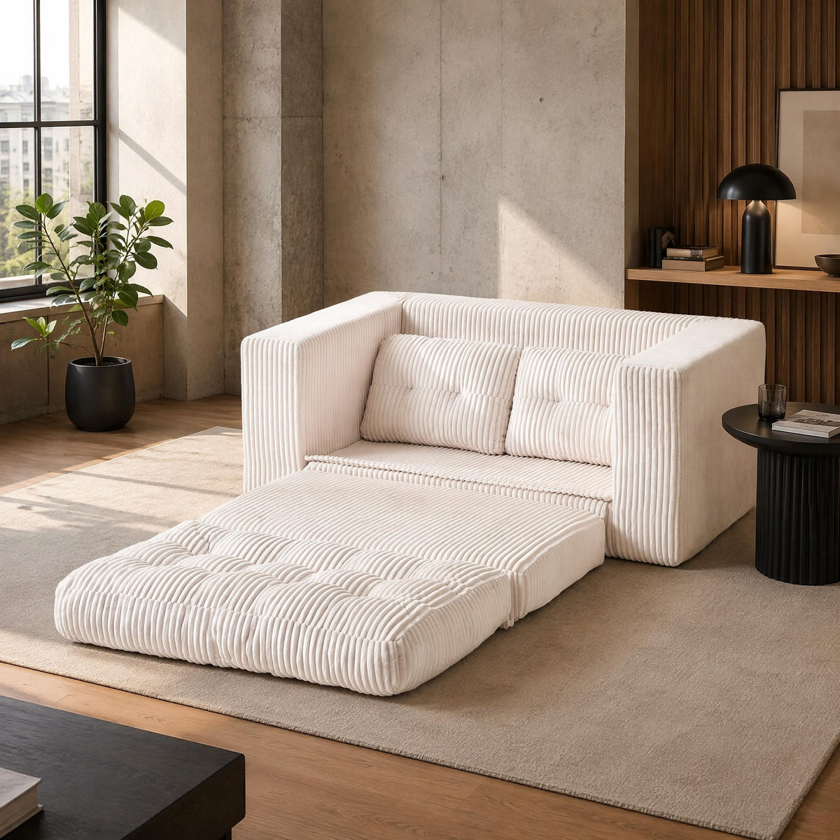 SCHLAFSOFA 2-in-1 rahmenloser Zweisitzer Cord Beige - Beige, Holzwerkstoff (85/54/140cm) - Meubliv
