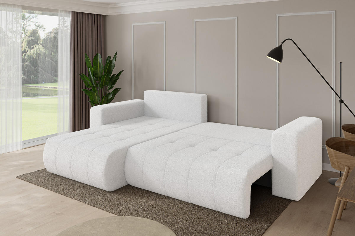 ROHOVÁ SEDAČKA s funkcí spaní, otoman vlevo MILA-L 277x194x86 bílá bouclé - bílá/černá, kompozitní dřevo/textil (277/194cm) - ALTDECOR