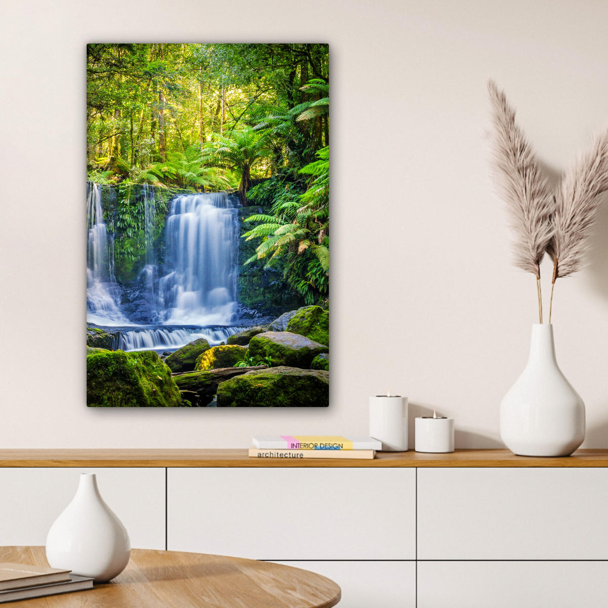 LEINWANDBILD Dschungel - Wasserfall - Australien - Pflanzen - Natur Wanddeko Schlafzimmer 60x90 cm - Dunkelgrün, Textil (60/90cm) - MuchoWow